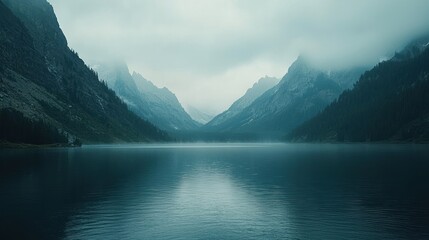 Misty mountain lake, serene landscape, tranquil water, foggy peaks.