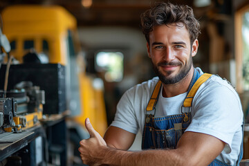 A man dressed in overalls shows a thumbs up gesture. People who build, repair and improve our lives. Working profession.