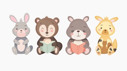 Obraz premium Adorable Baby Animal Reading Book with Animal Bundle in Flat Vector