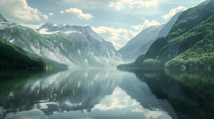 Fototapeta premium Serene Mountain Lake Reflected in Calm Waters Under Soft Clouds