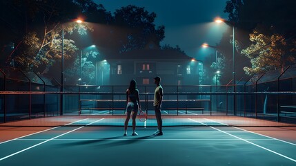 Two Tennis Players in a Nighttime Court with Dramatic Lighting