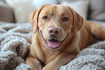  A happy dog lying on a freshly steam-cleaned carpet in a bright living room, showcasing cleanliness and a pet-friendly environment