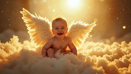 Cute baby with angel wings playing in fluffy clouds during sunset in a serene atmosphere
