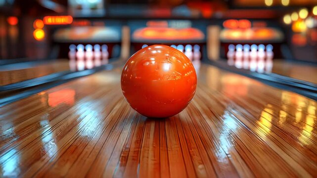 Red bowling ball on a polished wooden lane with bowling pins in the distance. Bright arcade lighting in the background