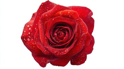 Naklejka premium A close-up of a vibrant red rose with dewdrops on its petals, isolated white background, minimalistic art style