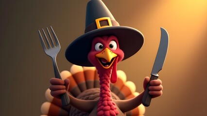 Happy Thanksgiving Turkey Cartoon Festive Knife Fork