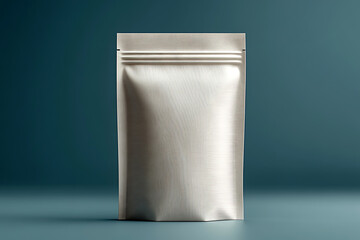 A minimalistic stand-up pouch mockup in white, front view, with a clipping path, placed against a clean background, perfect for branding designs