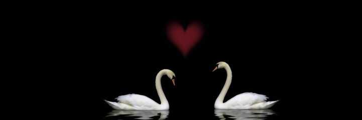 Fototapeta premium Two white swans forming heart shape with necks against black and blue background, nature, love, elegance