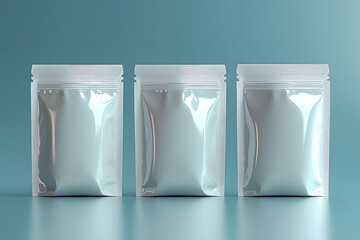 A minimalistic stand-up pouch mockup in white, front view, with a clipping path, placed against a clean background, perfect for branding designs