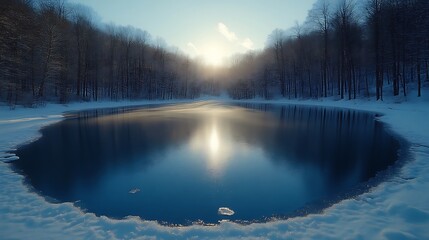 Sunlit winter pond reflecting sky in snow-covered forest.