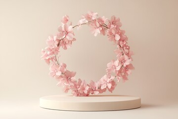 A minimalist podium display with a pastel pink floral wreath