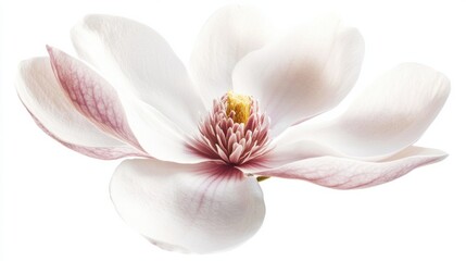 A close-up of a white magnolia blossom with a subtle gradient of pink, isolated white background, minimalistic art style