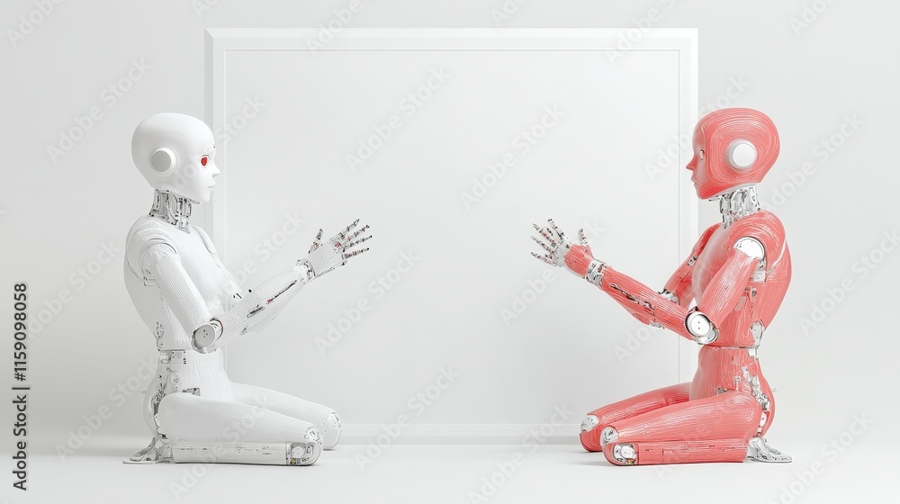 Poster two humanoid robots, one white and one red, are sitting and interacting in a minimalist setting with