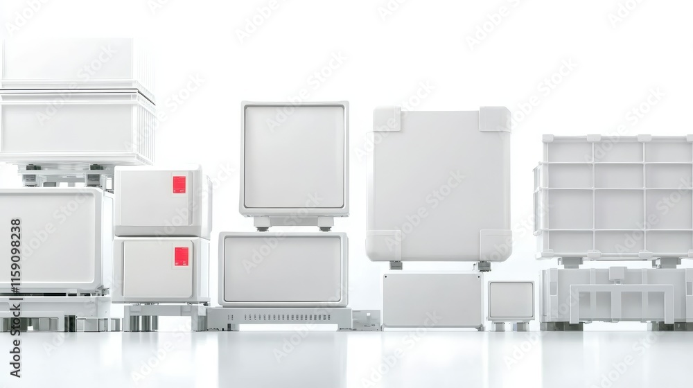 Poster a collection of various white storage containers and boxes arranged in a minimalist style, emphasizi