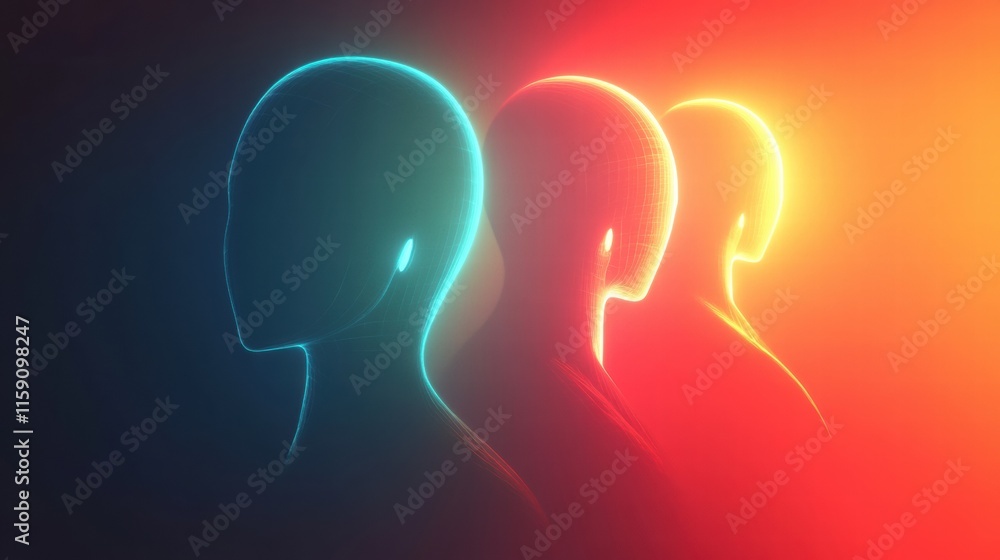 Poster modern abstract faceless avatars in vibrant colors against a dark background with space for addition
