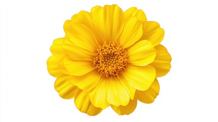 Obraz premium A close-up of a yellow marigold with its vibrant petals and intricate details, isolated white background, minimalistic art style