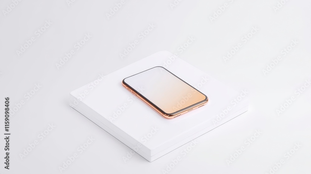 Poster a sleek smartphone with a gradient design rests on a minimalist white surface, showcasing modern tec