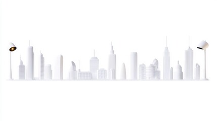 Obraz premium A minimalist skyline silhouette featuring various skyscrapers and modern lamps against a white background.