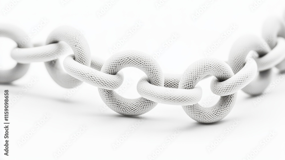 Poster a close-up image of a white chain with circular links, showcasing its texture and design against a m