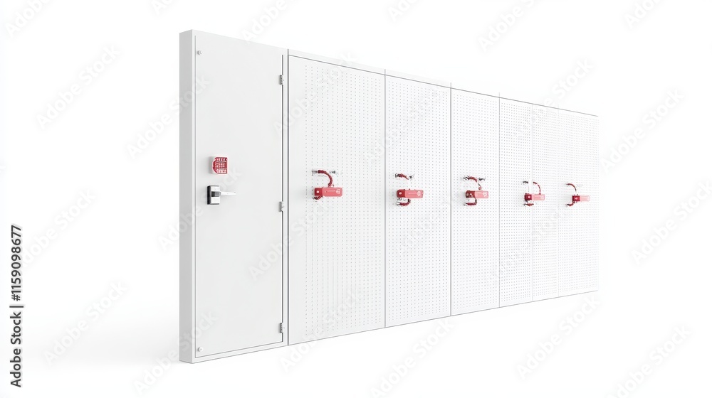 Poster a row of white storage containers with red handles, designed for secure access and organization in v