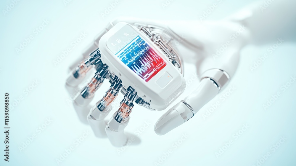 Poster a robotic hand holds a sleek device with a colorful display, symbolizing advanced technology and inn