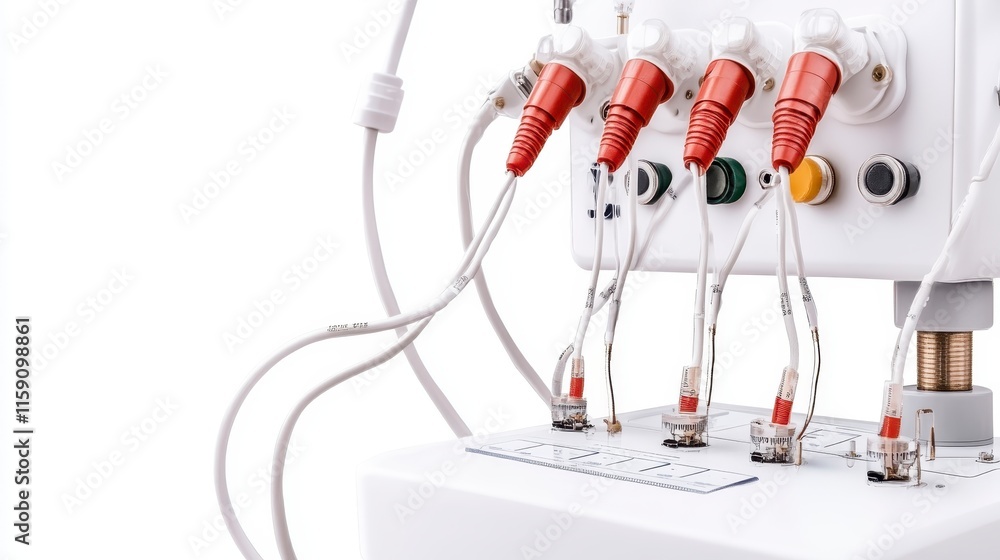 Poster a medical device with multiple cables and connectors designed for monitoring or treatment, featuring