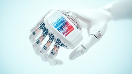 A robotic hand holds a sleek device with a colorful display, symbolizing advanced technology and innovation in a futuristic setting.
