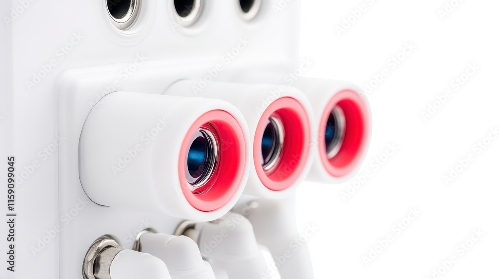 Poster a close-up of a device showing multiple audio jacks with distinct red accents, emphasizing its conne