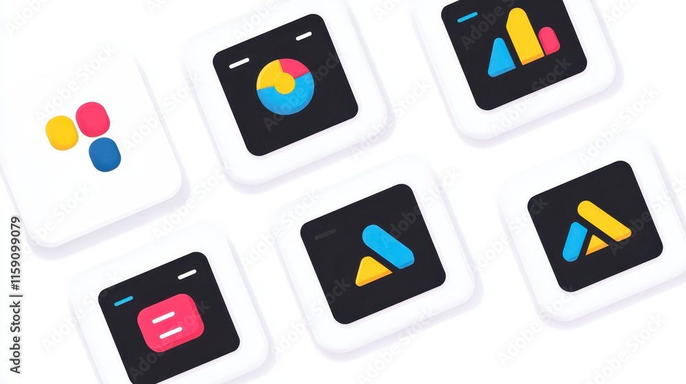 Poster a collection of colorful app icons on a black background, showcasing various designs and graphic ele