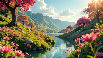Naklejka premium A scenic landscape features a calm river with pink and orange flowering trees and mountains in the background. Concept of serene nature.
