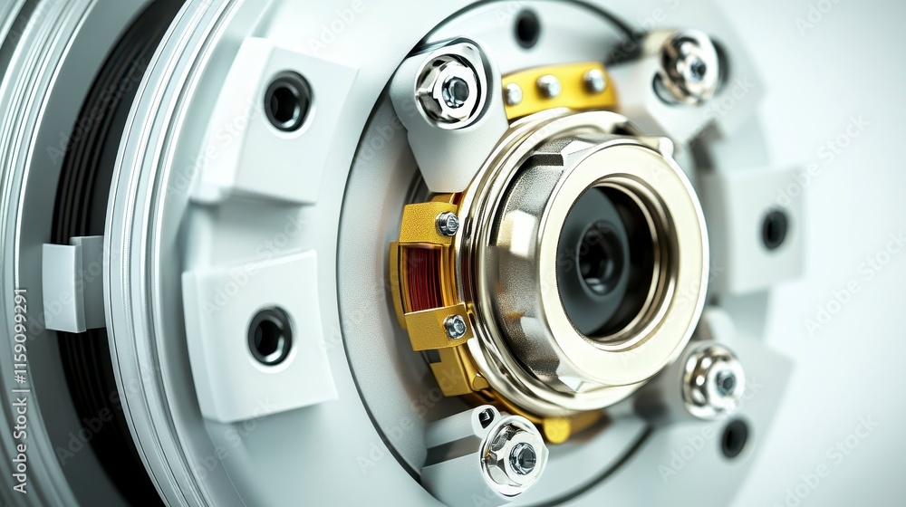 Poster a close-up view of a camera lens assembly featuring intricate metallic components and a central opti
