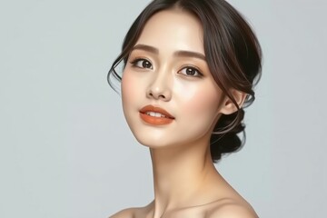 Fototapeta premium Chic close-up of a young Asian woman with glowing flawless skin, vibrant natural makeup, and elegant updo hairstyle for beauty, skincare, and cosmetics branding.