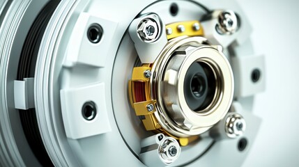 A close-up view of a camera lens assembly featuring intricate metallic components and a central optical element.