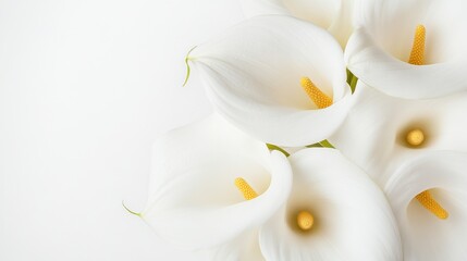 Fototapeta premium A close-up of elegant calla lily flowers with their pristine white petals and golden centers, isolated white background, minimalistic art style