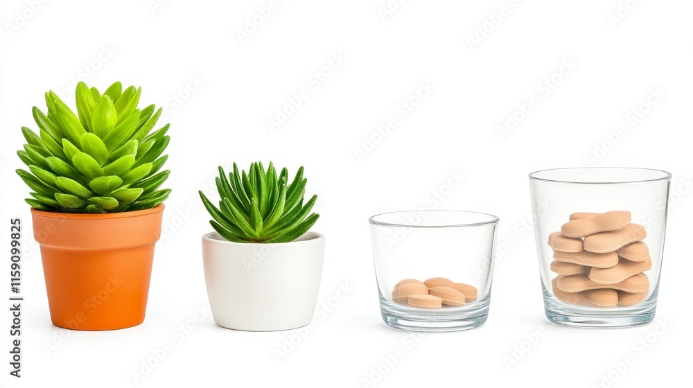 Poster a minimalist display of succulent plants in various sizes and containers, showcasing a fresh and mod