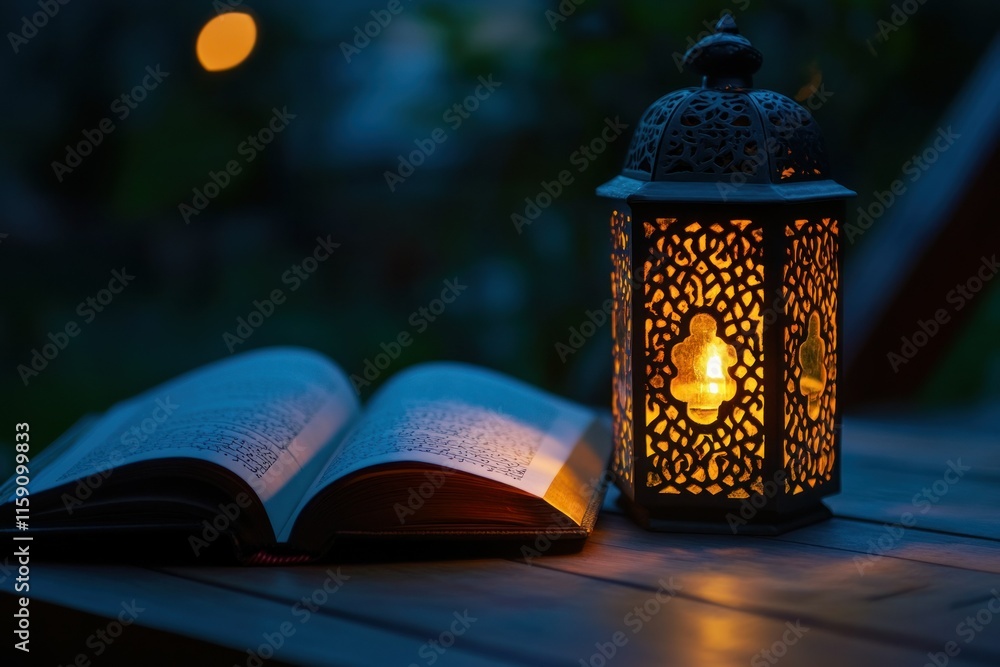 Poster illuminated lantern with open book in serene setting