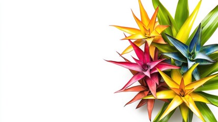 A close-up of exotic bromeliad plants with their colorful bracts and spiky foliage, isolated white background, minimalist art style