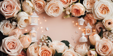 Romantic Peach Roses Glowing Lanterns Wedding Valentines Spring