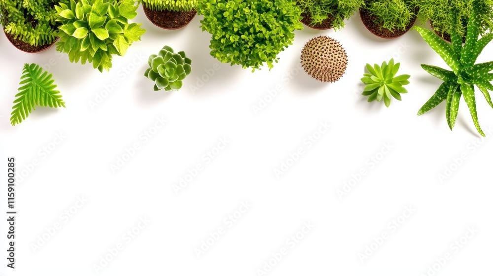 Poster a vibrant array of green plants displayed on a white background, showcasing various textures and sha