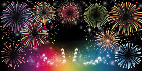 Fototapeta premium Festive Fireworks Display Celebration Background with Confetti