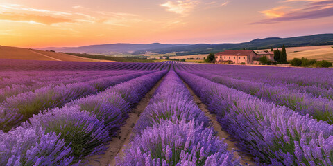 Obraz premium Serene Lavender Field Sunset Provence Landscape Photography