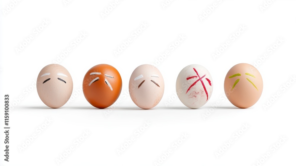 Poster a row of five decorated eggs, each with unique facial expressions, showcasing creativity and artisti