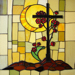 Colorful stained glass window. Multicolored interior design template. Oil painting
