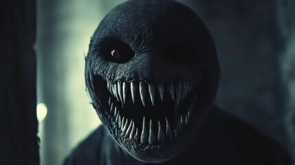 Close-up of a terrifying monster mask with sharp teeth and glowing red eyes in a dark setting.