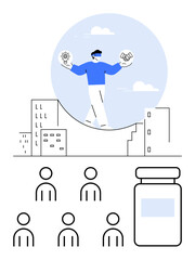 Person balancing light bulb and gear over city buildings, and people, next to medicine bottle. Ideal for themes of innovation, healthcare, business, technology, decision-making, urban life. Line