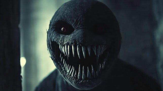 Close-up of a terrifying monster mask with sharp teeth and glowing red eyes in a dark setting.