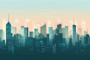 Sound pollution indicators illuminate urban skyline at dawn in a bustling metropolis