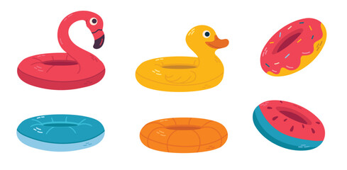 Set of inflatable pool floats - flamingo, duck, donut, and vibrant swim rings, isolated on white