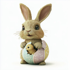 A detailed, photorealistic image of an easter bunny. He carrying a little chick and a colourful easter egg on an isolated white background