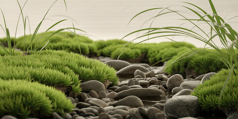 Serene Mossy Streambed Nature Stones Plants Green Tranquility Zen Garden Relaxation Peace Calm